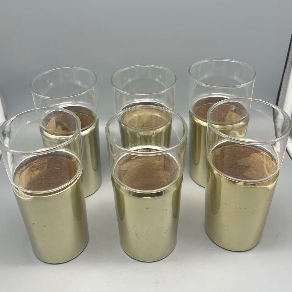 6 Vtg Hellerware Style‎ Aluminum Goldtone High Ball Glasses MCM Barware READ